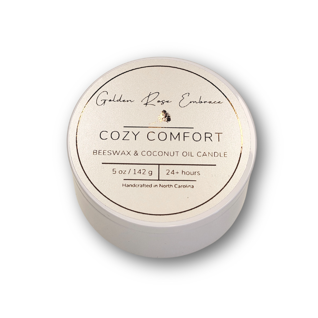 Cozy Comfort 5 oz Beeswax Candles, white tin, woodwick candles, aroma of flannel, bergamot, mahogany, and musk.