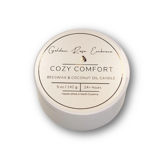 Cozy Comfort 5 oz Beeswax Candles, white tin, woodwick candles, aroma of flannel, bergamot, mahogany, and musk.