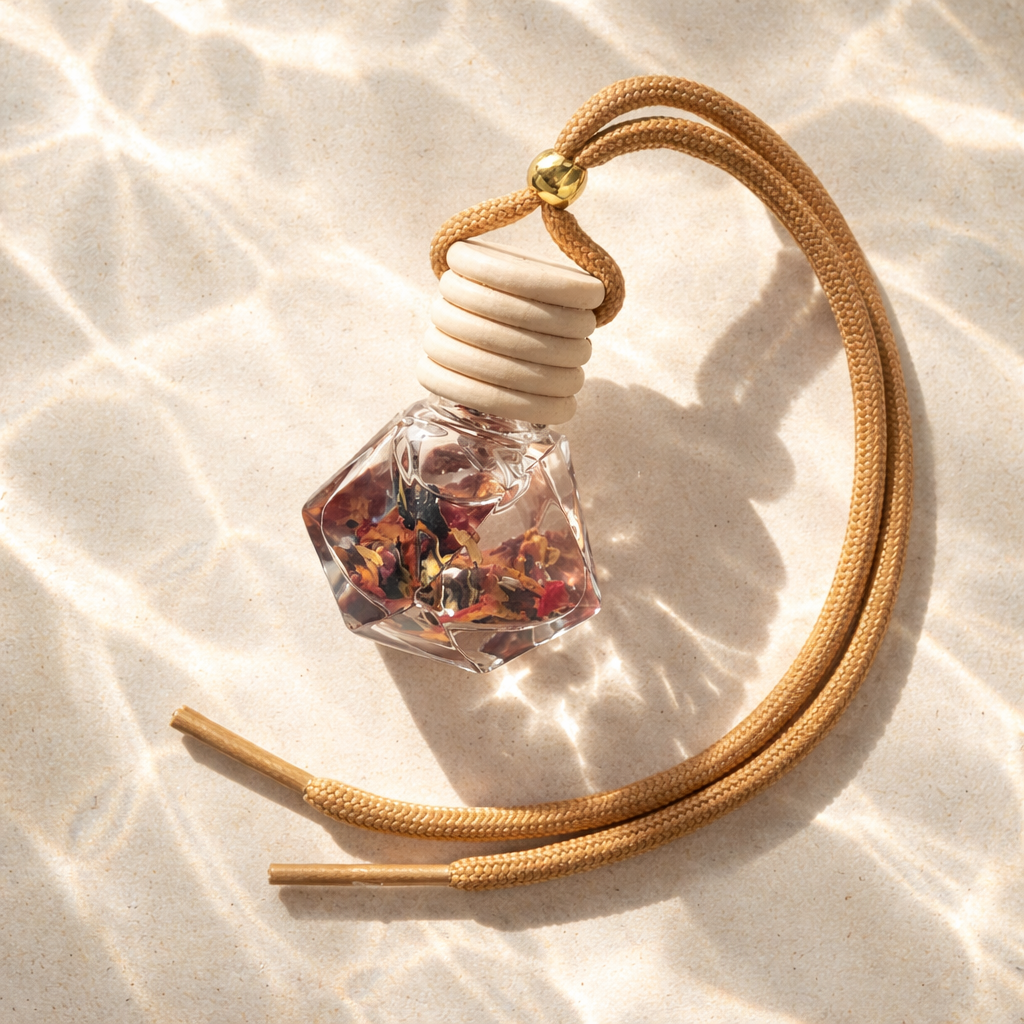 Car Diffusers. 8ML. Glass, wooden lid. Hangs from rearview mirror. Flor de Maga's - A paradise experience of tropical island vibes of hibiscus, jasmine, apple, pineapple, sugar, and coconut complemented by a touch of musk.