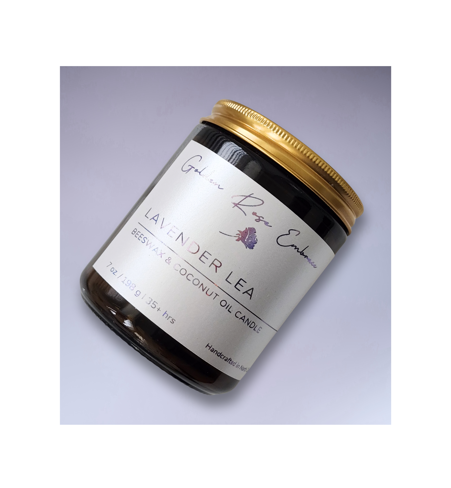 Lavender Lea 7oz Beeswax Candle. Amber glass jar. Gold metal lid. Cotton wick. 
A warm, soothing aroma of a lavender meadow with rows of lavender flowers drenched in the morning sunlight gently shifting in the breeze. 