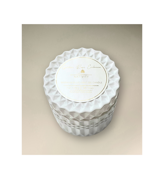 Decorative Posh white candle jar with wavy edge. Nativity. Woodwick. Christmas. Holiday.vfrankincense, myrrh, exotic warn tones of dry woods, patchouli, Arabian musk, sandalwood, and cinnamon