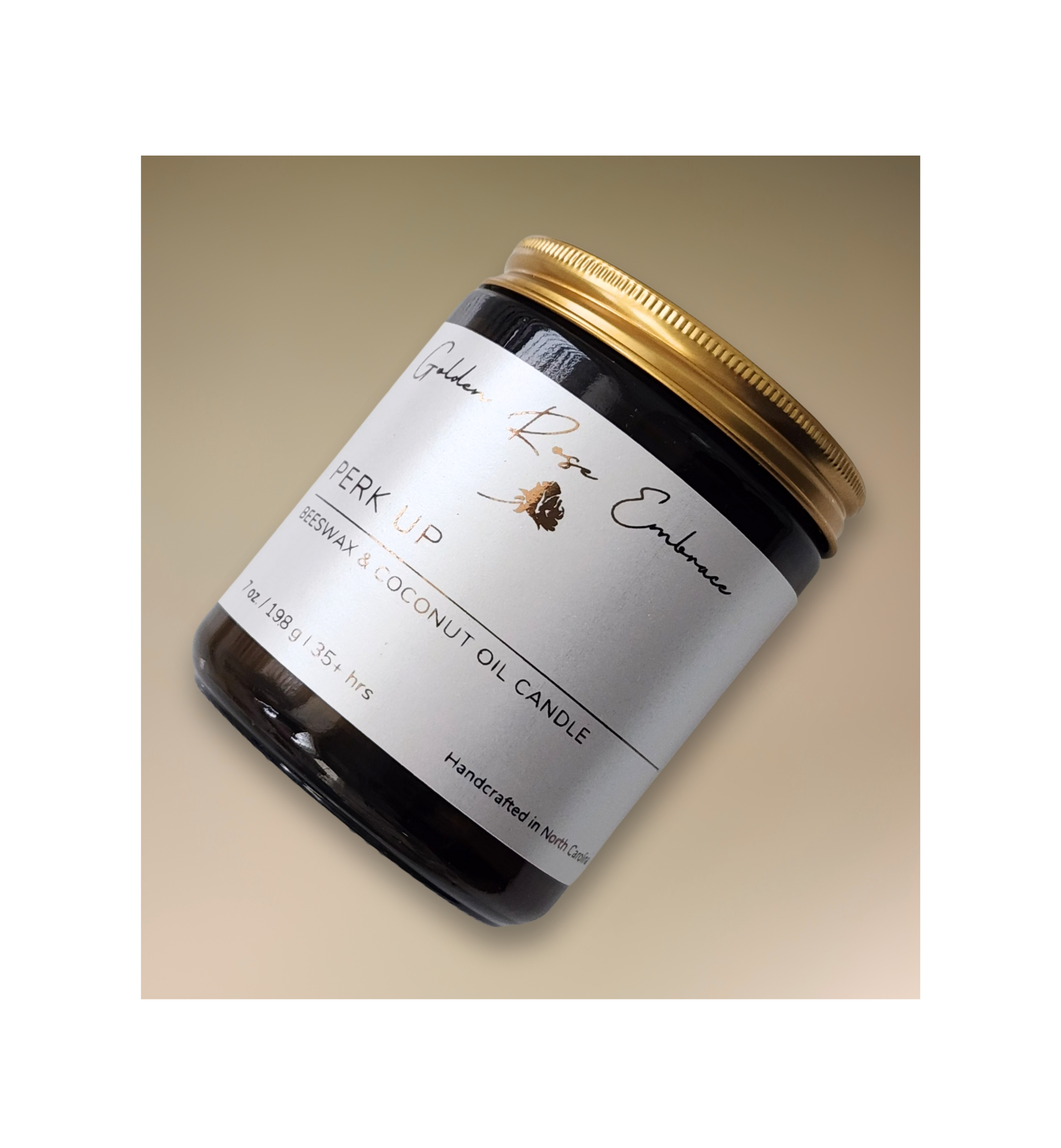 Perk Up 7oz Beeswax Candle. Amber glass jar. Gold metal lid. Cotton wick. 
A delightful aroma of creamy cappuccino, warm vanilla, and a hint of milk. This scent will transport you to a coffee paradise. 