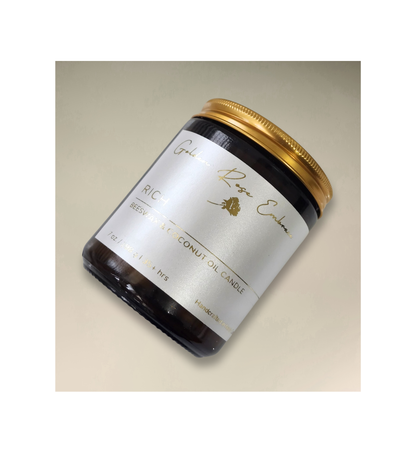 Rich 7oz Beeswax Candle. Amber glass jar. Gold metal lid. Cotton wick. 
A spicy warm woody scent infused with citrus, saffron, amber, violet & sandalwood. A luxurious rich fragrance that creates an inviting and sensual experience. 