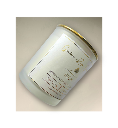 Rich 8oz Beeswax Candle.
Frosted glass, metallic gold lid, and woodwick.
Notes of Citrus, Cardamom, Palo Santo, Saffron, Violet, Wood, Sandalwood, Smoke, Amber.

A spicy warm woody scent infused with citrus, saffron, amber, violet & sandalwood. A luxurious rich fragrance that creates an inviting and sensual experience.

Custom beeswax candle blended with organic coconut oil and fragrances infused with clean nontoxic fragrance and natural essential oils. 