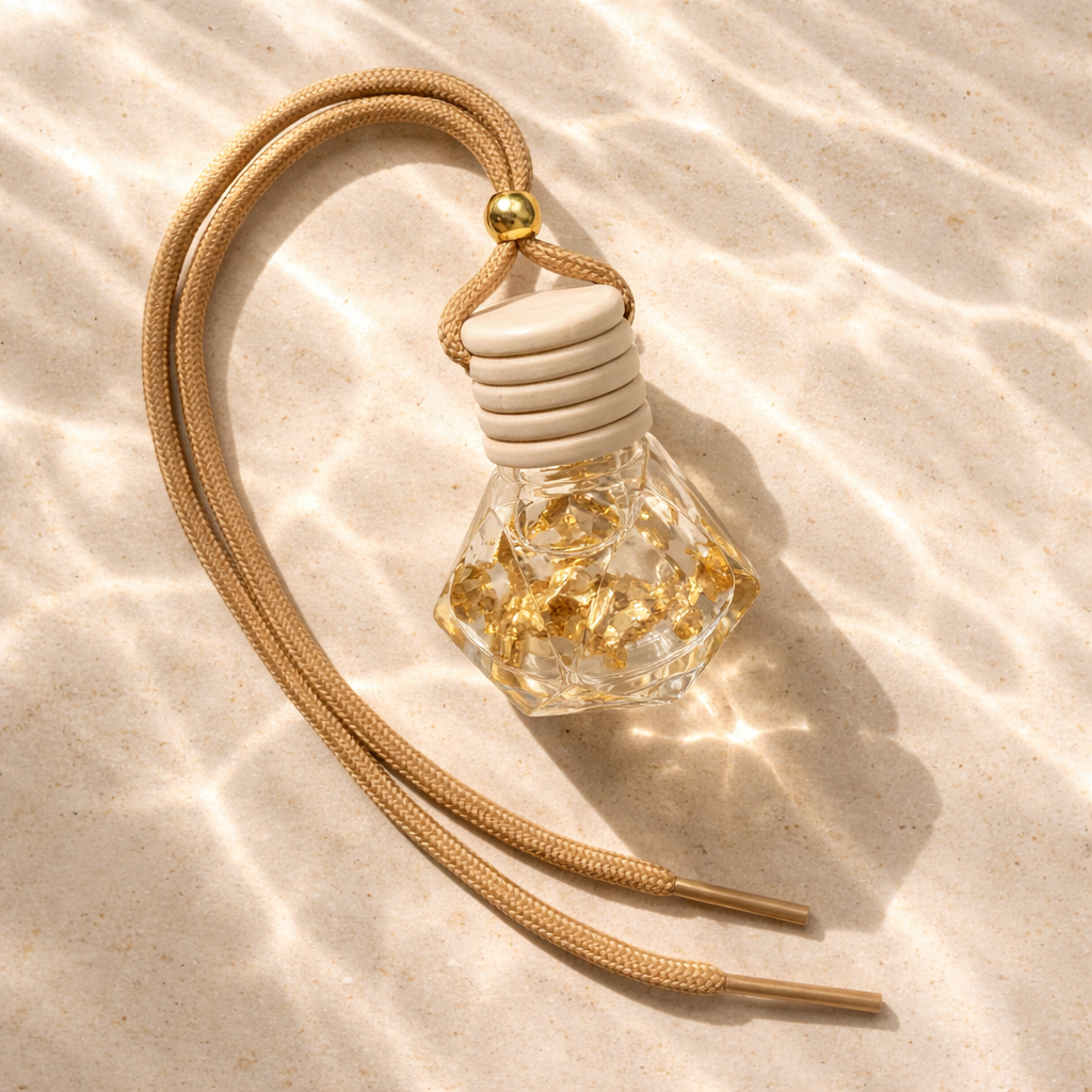 Car Diffusers. 8ML. Glass, wooden lid. Hangs from rearview mirror. Rich - A spicy warm woody scent infused with citrus, saffron, amber, violet, sandalwood. A luxurious rich fragrance that creates an inviting and sensual experience.