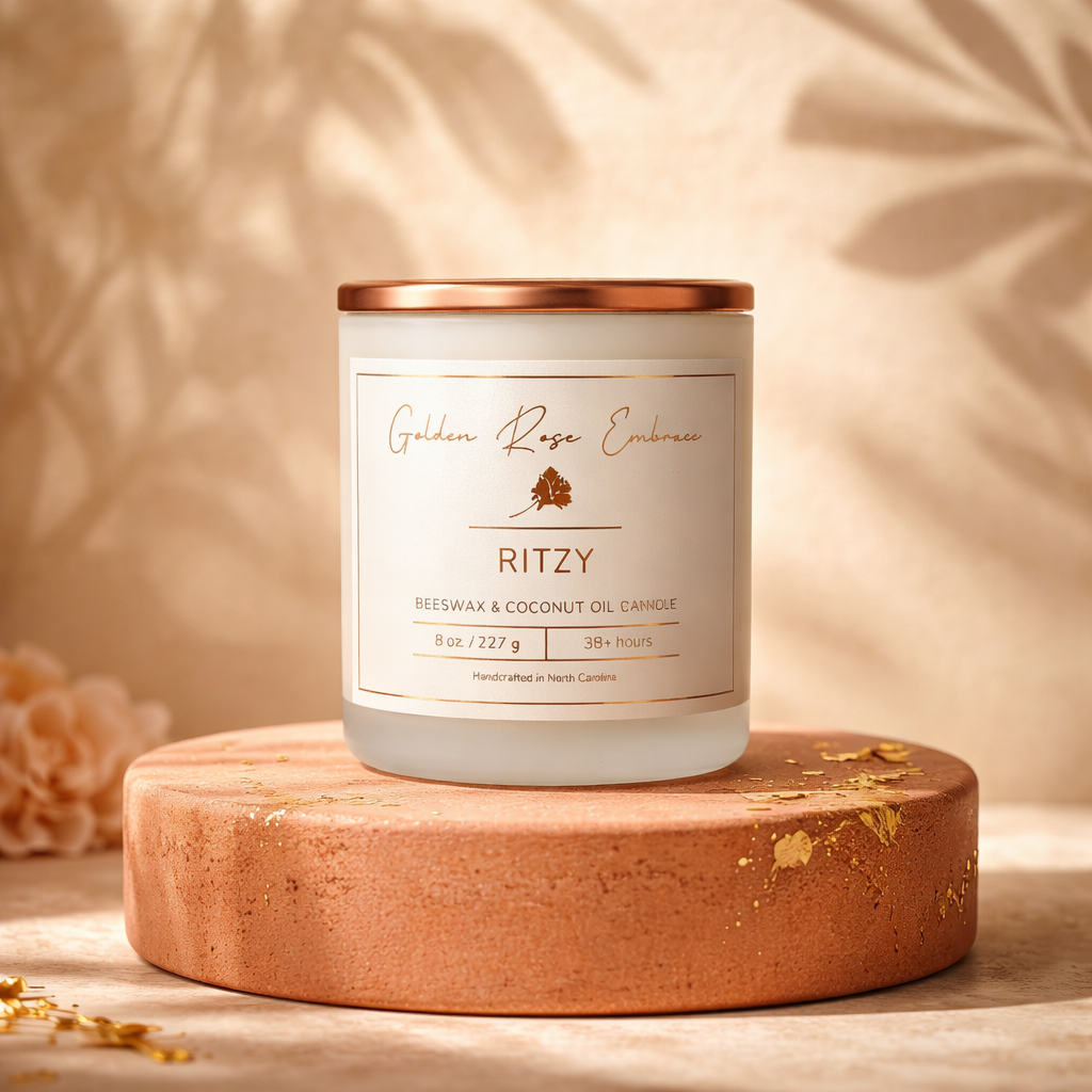 Ritzy 8oz Beeswax Candle. Frosted glass jar. Bronze Metallic Lid. Wood Wick. Notes of fresh Bergamot, Orange Peel, Chamomile Petals, Marine, Camphor, Pineapple, Matcha, Rosewater, Lavender, Bamboo, Green Tea, Geranium, Dark Musk, Vetiver, Amber, Santal Woods, Cedar.
Frosted glass jar, bronze lid, wood wick.
Paraffin-free, Paraben-free, Phthalate-free, Carcinogen-free, Mutagen-free, Cruelty-free clean nontoxic beeswax candle.