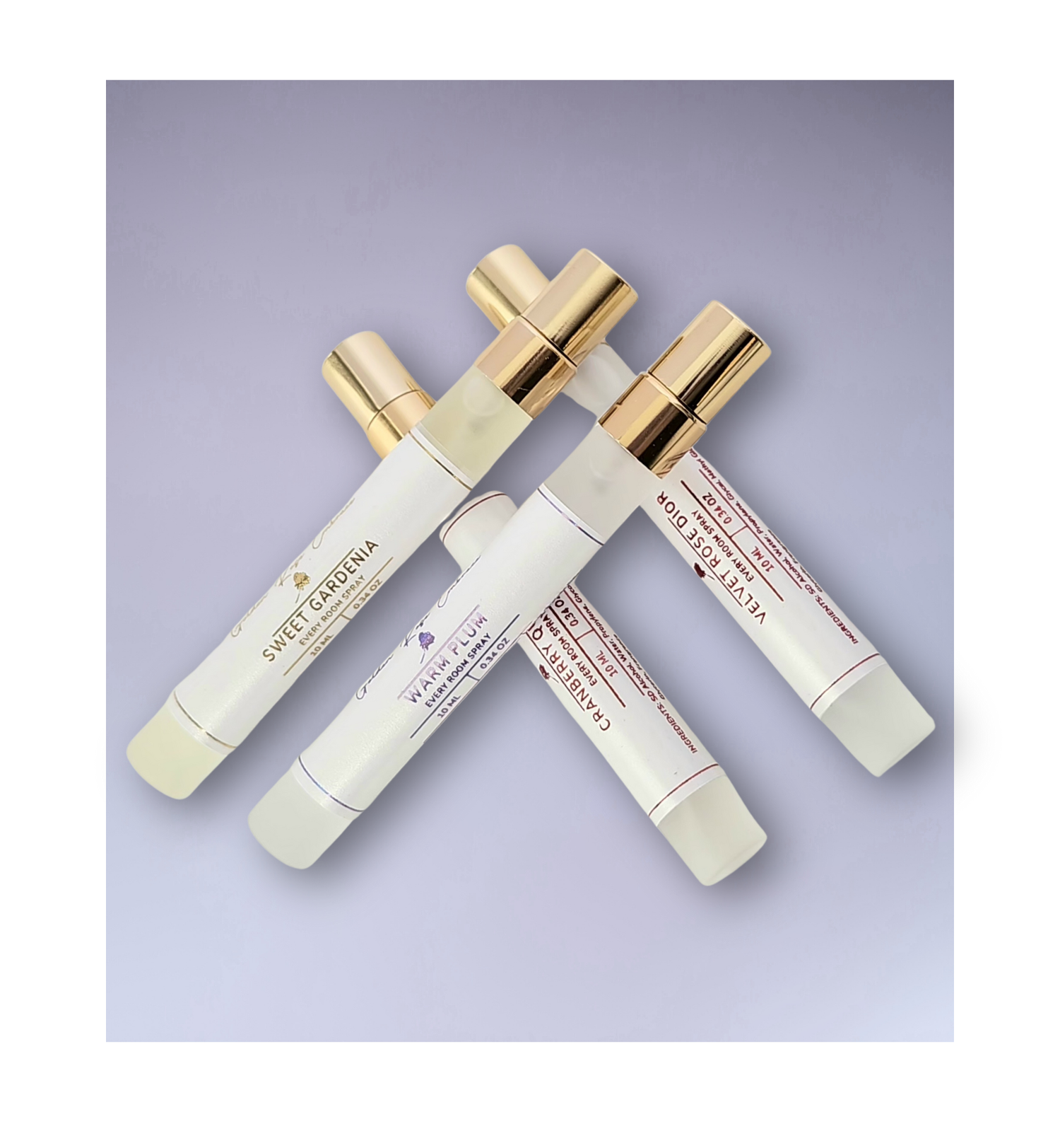 Room/Linen/Body Spray Mini/Travel Size. 10ML. Frosted glass, gold metallic lid. 
Clean and fresh, lavender, floral, woody, masculine, feminine scents. 
Paraben-free, Phthalate-free, Carcinogen-free, Mutagen-free, Cruelty-free. 