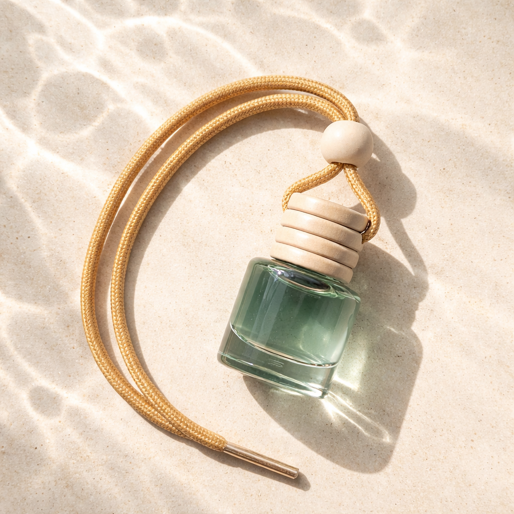 Car Diffusers. 8ML. Glass, wooden lid. Hangs from rearview mirror. Sea Storm - A light and airy scent of clean freshness and crisp linen, freesia, sea salt, eucalyptus, and moss to create a calming and peaceful vibe.