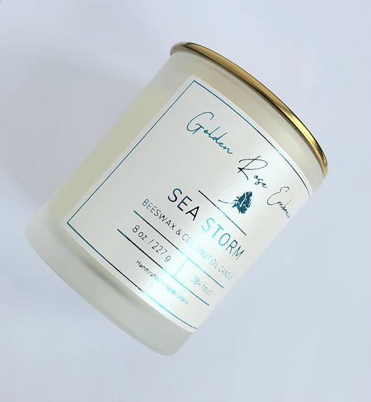 8oz beeswax candles, woodwick candles,  frosted glass jar, gold lid, clean fresh, crisp linen, eucalyptus, freesia, sea salt, moss. 