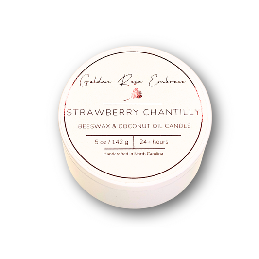 Strawberry 5 oz Beeswax Candles, gold lid, frosted glass jar, woodwick candles, aroma of sweet strawberries, creamy vanilla, and zesty lemon. 