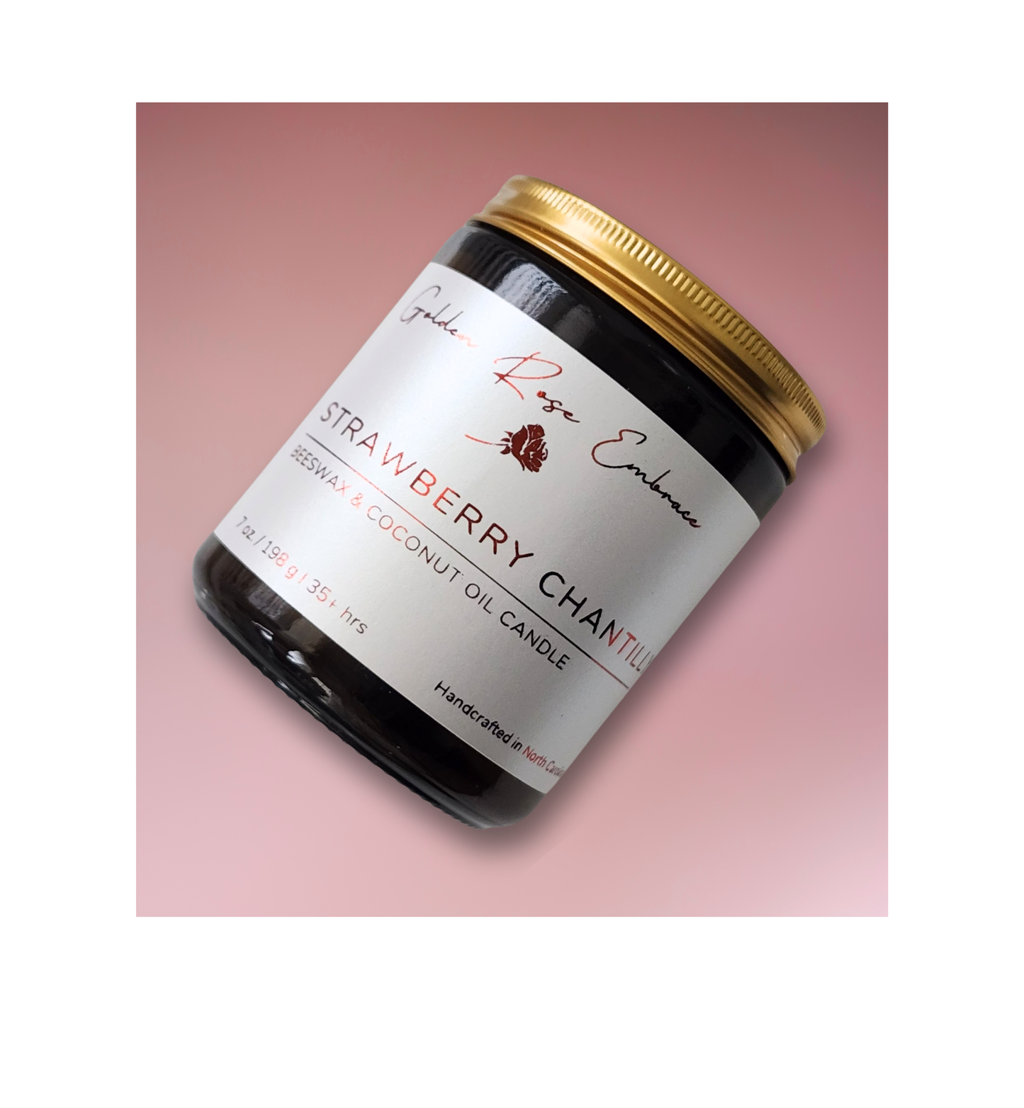 Strawberry Chantilly 7oz Beeswax Candle. Amber glass jar. Gold metal lid. Cotton wick. 
A mouth-watering aroma of sweet strawberries, creamy vanilla, and zesty lemon. This candle will transport you to the classic Wimbledon experience. 