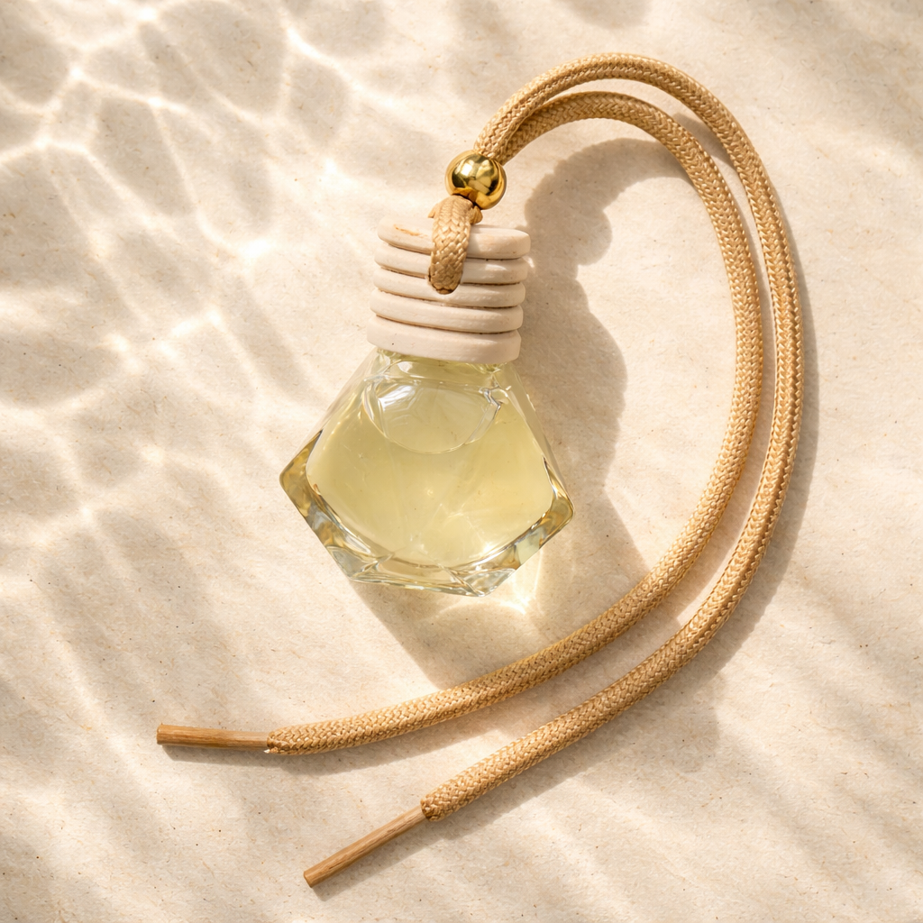 Car Diffusers. 8ML. Glass, wooden lid. Hangs from rearview mirror. Sweet Gardenia - a delightful scent of gardenia, lemon peel, tuberose, green floral, and Jasmine gives the tropical white floral fragrance of tranquility and freshness to any space.