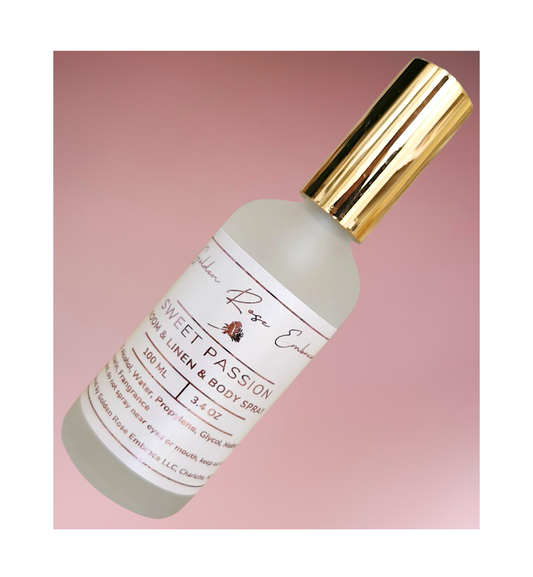 Room/Linen/Body Spray Size. 100ML. Frosted glass, gold metallic lid. 
Clean and fresh, lavender, floral, woody, masculine, feminine scents. 
Paraben-free, Phthalate-free, Carcinogen-free, Mutagen-free, Cruelty-free. 
