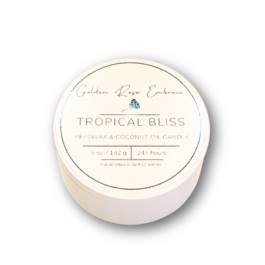 Tropical Bliss 5 oz beeswax candles, white tin, woodwick candles, aroma of guava, passionfruit, mango, pineapple, and coconut. 