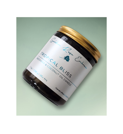 Tropical Bliss 7oz Beeswax Candle. Amber glass jar. Gold metal lid. Cotton wick. 
A heavenly tropical aroma of guava, passionfruit, mango, pineapple, and coconut. Bring a breath-taking island paradise vibe into your space. 