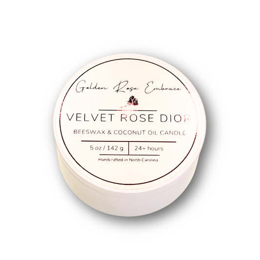 Velvet Rose Dior 5oz beeswax candles, white tin, woodwick candles, dark rose velvety petals scent. 