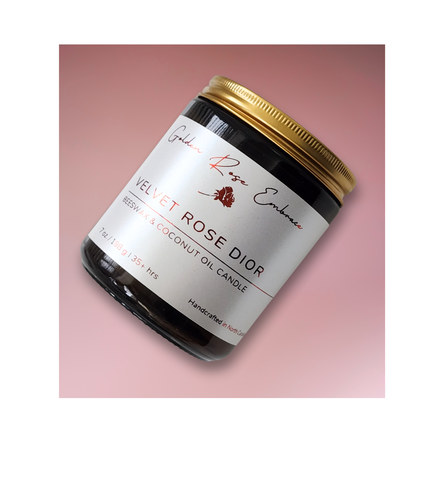 Velvet Rose Dior 7oz Beeswax Candle. Amber glass jar. Gold metal lid. Cotton wick. 
A captivating scent that evokes passion with its dark rose scent and warm, embracing aroma. 
