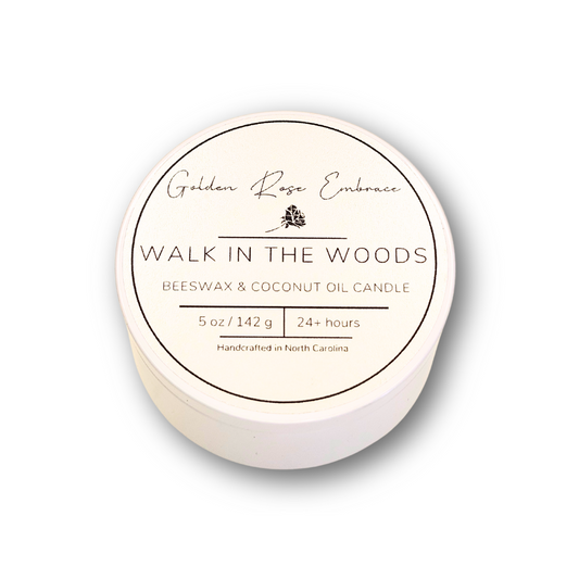 Walk in the Woods 5 oz Beeswax Candles, white tin, woodwick candles, earthy scent of mahogany, lavender, and geranium, evoking a warm and masculine aroma.
