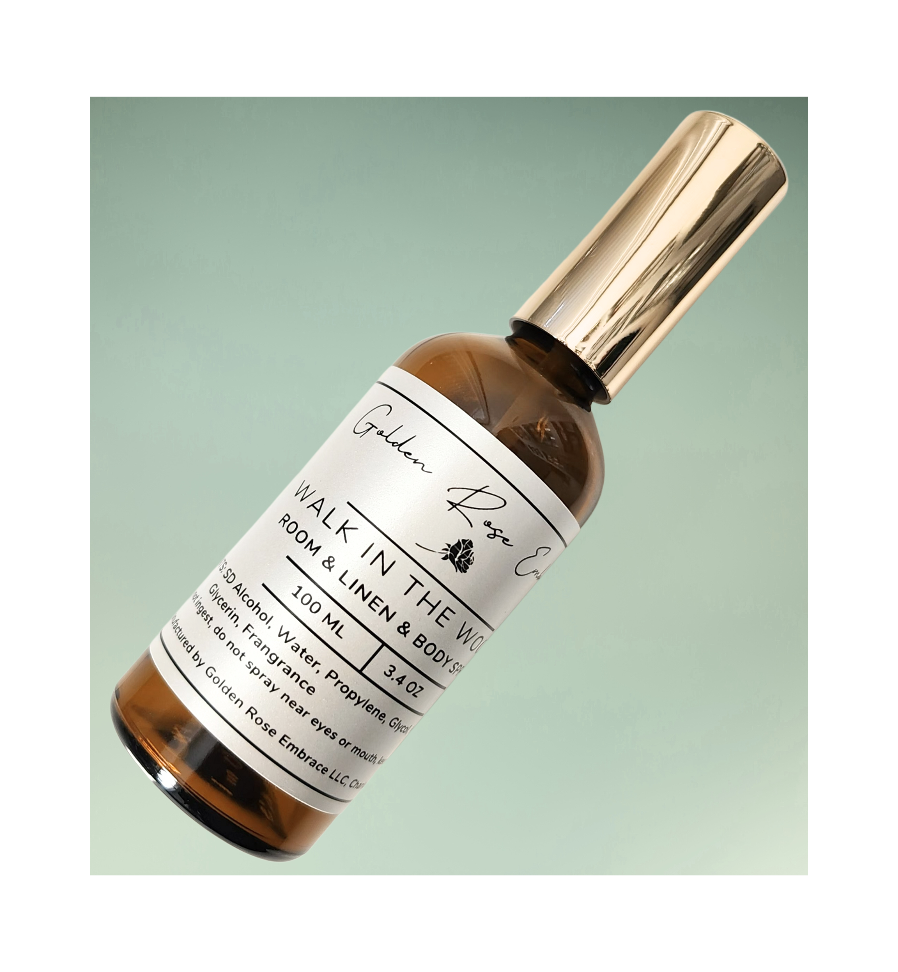Room/Linen/Body Spray Size. 100ML. Frosted glass, gold metallic lid. 
Clean and fresh, lavender, floral, woody, masculine, feminine scents. 
Paraben-free, Phthalate-free, Carcinogen-free, Mutagen-free, Cruelty-free. 