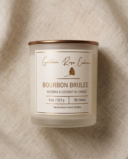 Bourbon Brulee 8 oz Beeswax Candle. Frosted glass jar, bronze metallic lid, double cotton wick.
Notes of Cream, Butterscotch, Bourbon, Whiskey, and Vanilla.
Indulge in the rich and delicious scent of Bourbon Brulee. With the atmospheric aroma of butterscotch, bourbon, and sweet vanilla, this candle creates a scrumptious vibe.
Custom beeswax candle blended with organic coconut oil and fragrances infused with clean nontoxic fragrance and natural essential oils. 