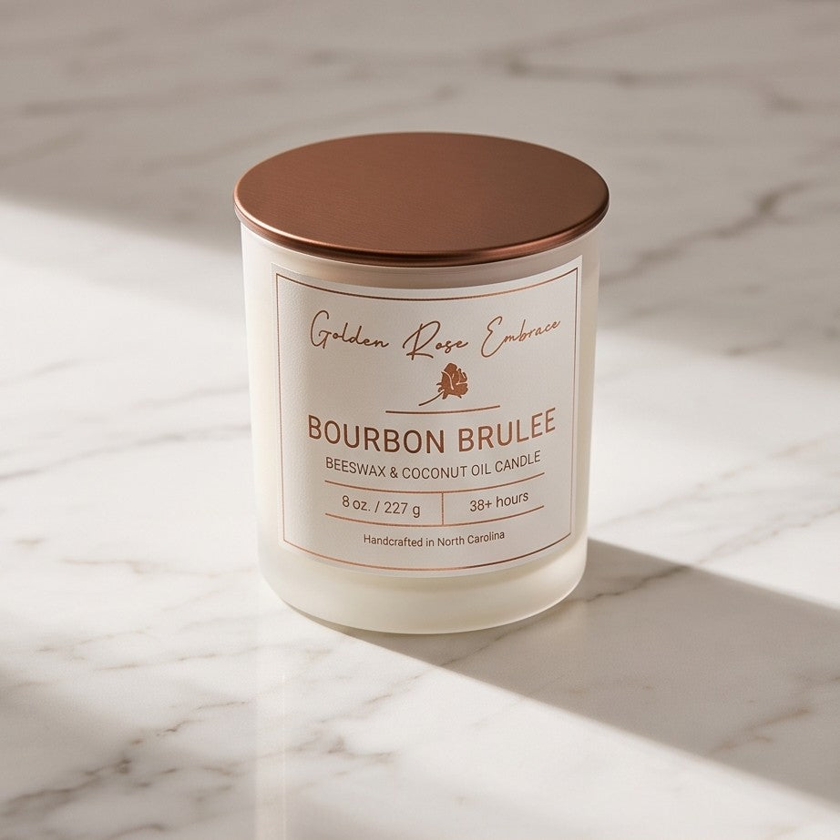 Bourbon Brulee 8 oz Beeswax Candle. Frosted glass jar, bronze metallic lid, double cotton wick.
Notes of Cream, Butterscotch, Bourbon, Whiskey, and Vanilla.
Indulge in the rich and delicious scent of Bourbon Brulee. With the atmospheric aroma of butterscotch, bourbon, and sweet vanilla, this candle creates a scrumptious vibe.
Custom beeswax candle blended with organic coconut oil and fragrances infused with clean nontoxic fragrance and natural essential oils. 