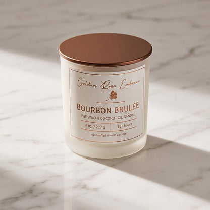 Bourbon Brulee 8 oz Beeswax Candle. Frosted glass jar, bronze metallic lid, double cotton wick.
Notes of Cream, Butterscotch, Bourbon, Whiskey, and Vanilla.
Indulge in the rich and delicious scent of Bourbon Brulee. With the atmospheric aroma of butterscotch, bourbon, and sweet vanilla, this candle creates a scrumptious vibe.
Custom beeswax candle blended with organic coconut oil and fragrances infused with clean nontoxic fragrance and natural essential oils. 