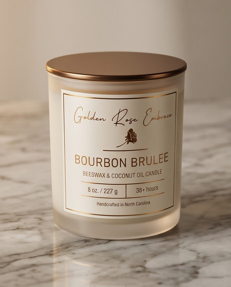 Bourbon Brulee 8 oz Beeswax Candle. Frosted glass jar, bronze metallic lid, double cotton wick.
Notes of Cream, Butterscotch, Bourbon, Whiskey, and Vanilla.
Indulge in the rich and delicious scent of Bourbon Brulee. With the atmospheric aroma of butterscotch, bourbon, and sweet vanilla, this candle creates a scrumptious vibe.
Custom beeswax candle blended with organic coconut oil and fragrances infused with clean nontoxic fragrance and natural essential oils. 