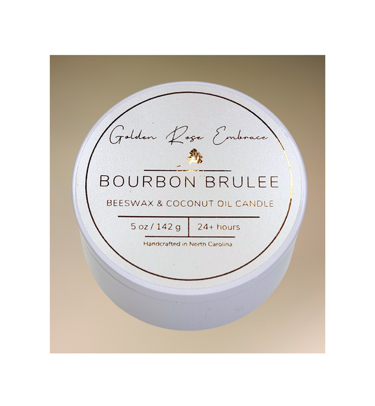Bourbon Brulee 5 oz Beeswax Candles, whit tin, woodwick candles, aroma of butterscotch, bourbon, and sweet vanilla.