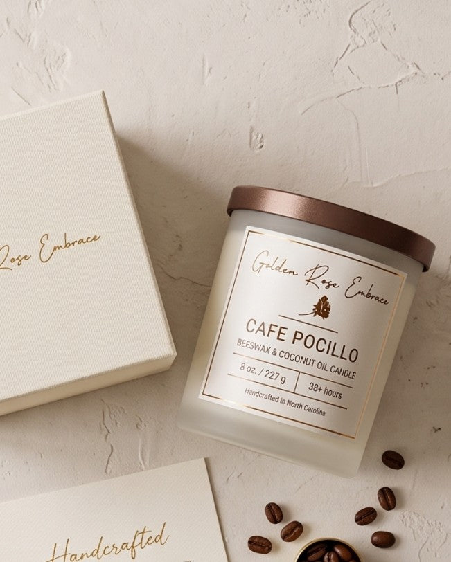 Cafe Pocillo 8oz Beeswax Candle. Frosted glass, brown metallic lid, and wooden wick.
Notes of Coffee Bean, Cinnamon, Milk, Vanilla, Cream
Experience the ultimate coffeehouse atmosphere. Indulge in a delightful aroma of creamy cappuccino, warm vanilla, and a hint of milk. This scent will transport you to a coffee paradise.
Custom beeswax candle blended with organic coconut oil and fragrances infused with clean nontoxic fragrance and natural essential oils. 