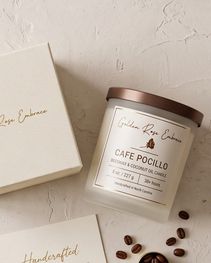 Cafe Pocillo 8oz Beeswax Candle. Frosted glass, brown metallic lid, and wooden wick.
Notes of Coffee Bean, Cinnamon, Milk, Vanilla, Cream
Experience the ultimate coffeehouse atmosphere. Indulge in a delightful aroma of creamy cappuccino, warm vanilla, and a hint of milk. This scent will transport you to a coffee paradise.
Custom beeswax candle blended with organic coconut oil and fragrances infused with clean nontoxic fragrance and natural essential oils. 