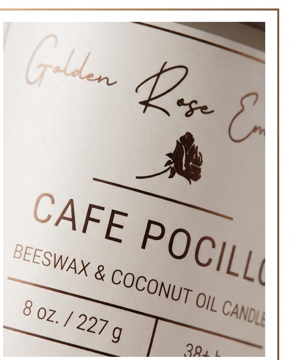 Cafe Pocillo 8oz Beeswax Candle. Frosted glass, brown metallic lid, and wooden wick.
Notes of Coffee Bean, Cinnamon, Milk, Vanilla, Cream
Experience the ultimate coffeehouse atmosphere. Indulge in a delightful aroma of creamy cappuccino, warm vanilla, and a hint of milk. This scent will transport you to a coffee paradise.
Custom beeswax candle blended with organic coconut oil and fragrances infused with clean nontoxic fragrance and natural essential oils. 
