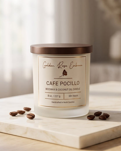 Cafe Pocillo 8oz Beeswax Candle. Frosted glass, brown metallic lid, and wooden wick.
Notes of Coffee Bean, Cinnamon, Milk, Vanilla, Cream
Experience the ultimate coffeehouse atmosphere. Indulge in a delightful aroma of creamy cappuccino, warm vanilla, and a hint of milk. This scent will transport you to a coffee paradise.
Custom beeswax candle blended with organic coconut oil and fragrances infused with clean nontoxic fragrance and natural essential oils. 