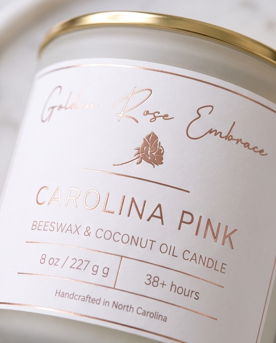 Carolina Pink 8oz Beeswax Candle. 
Frosted glass jar, gold metallic lid,, woodwick.
Notes of Apple, Pineapple, Peach, Red Fruits, Dewy Green, Ozone, Hibiscus, Jasmine, Cyclamen, Coconut, Caramelized Sugar, Musk. Experience the tropical island vibes of hibiscus, jasmine, apple, pineapple, sugar, and coconut complemented by a touch of musk.  Custom beeswax candle blended with organic coconut oil and fragrances infused with clean nontoxic fragrance and natural essential oils. 