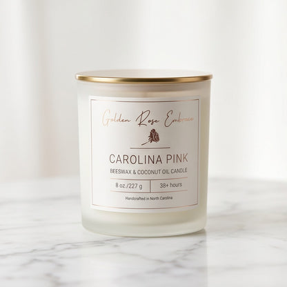 Carolina Pink beeswax woodwick candle with citrus peony dianthus orange blossom vanilla and musk — Golden Rose Embrace Charlotte NC