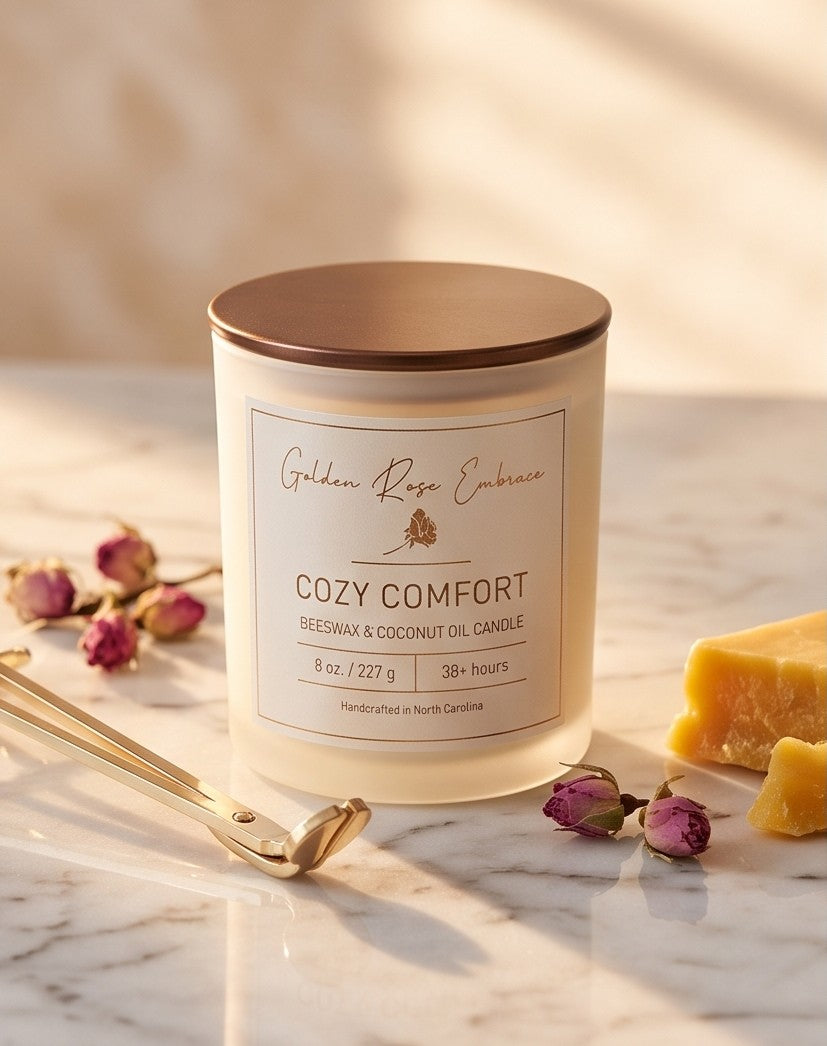 Cozy Comfort 8oz Beeswax Candle. Frosted glass jar, bronze metallic lid, and woodwick. 
Notes of Bergamot, Mahogany, and Musk. 
Create a warm and cozy atmosphere with the aroma of flannel, bergamot, mahogany, and musk. This fragrance will envelope you in comfort. 