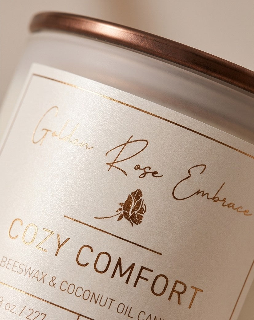Cozy Comfort 8oz Beeswax Candle. Frosted glass jar, bronze metallic lid, and woodwick. 
Notes of Bergamot, Mahogany, and Musk. 
Create a warm and cozy atmosphere with the aroma of flannel, bergamot, mahogany, and musk. This fragrance will envelope you in comfort. 
