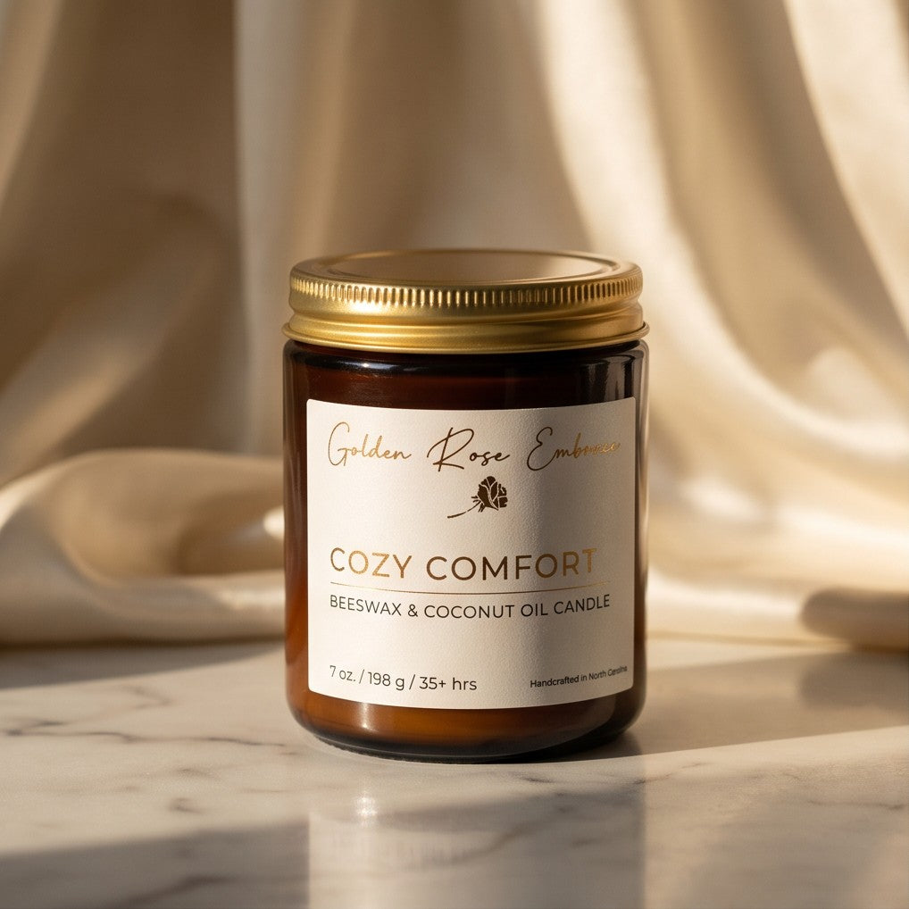 Cozy Comfort 7oz Beeswax Candle. Amber glass jar, gold lid, and woodwick. 
Notes of Bergamot, Mahogany, and Musk
Create a warm and cozy atmosphere with the aroma of flannel, bergamot, mahogany, and musk. This fragrance will envelope you in comfort. 