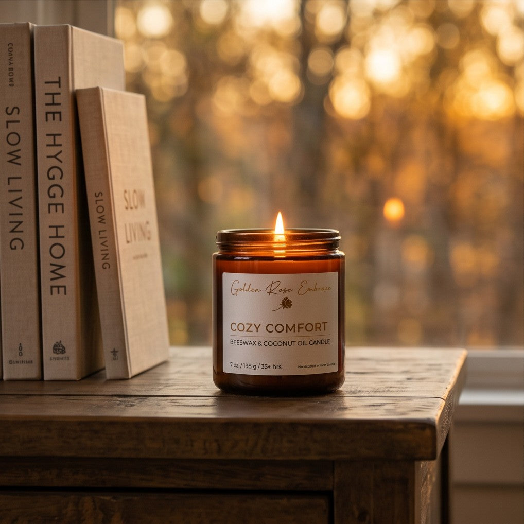 Cozy Comfort 7oz Beeswax Candle. Amber glass jar, gold lid, and woodwick. 
Notes of Bergamot, Mahogany, and Musk
Create a warm and cozy atmosphere with the aroma of flannel, bergamot, mahogany, and musk. This fragrance will envelope you in comfort. 