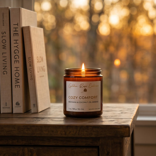 Cozy Comfort 7oz Beeswax Candle. Amber glass jar, gold lid, and woodwick. 
Notes of Bergamot, Mahogany, and Musk
Create a warm and cozy atmosphere with the aroma of flannel, bergamot, mahogany, and musk. This fragrance will envelope you in comfort. 