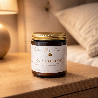 Cozy Comfort 7oz Beeswax Candle. Amber glass jar, gold lid, and woodwick. 
Notes of Bergamot, Mahogany, and Musk
Create a warm and cozy atmosphere with the aroma of flannel, bergamot, mahogany, and musk. This fragrance will envelope you in comfort. 