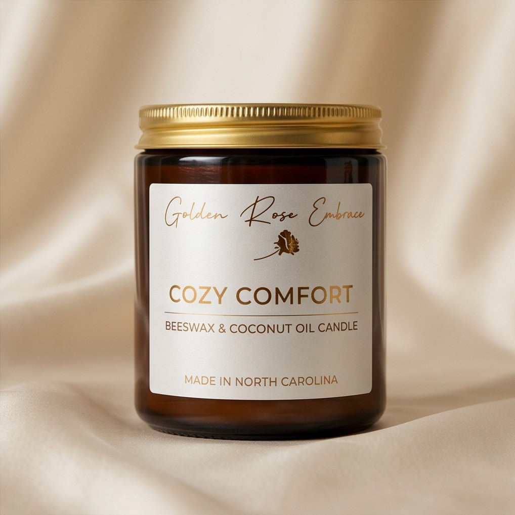 Cozy Comfort 7oz Beeswax Candle. Amber glass jar, gold lid, and woodwick. 
Notes of Bergamot, Mahogany, and Musk
Create a warm and cozy atmosphere with the aroma of flannel, bergamot, mahogany, and musk. This fragrance will envelope you in comfort. 