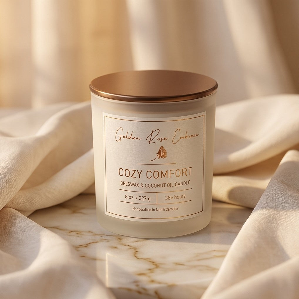 Cozy Comfort 8oz Beeswax Candle. Frosted glass jar, bronze metallic lid, and woodwick. 
Notes of Bergamot, Mahogany, and Musk. 
Create a warm and cozy atmosphere with the aroma of flannel, bergamot, mahogany, and musk. This fragrance will envelope you in comfort. 