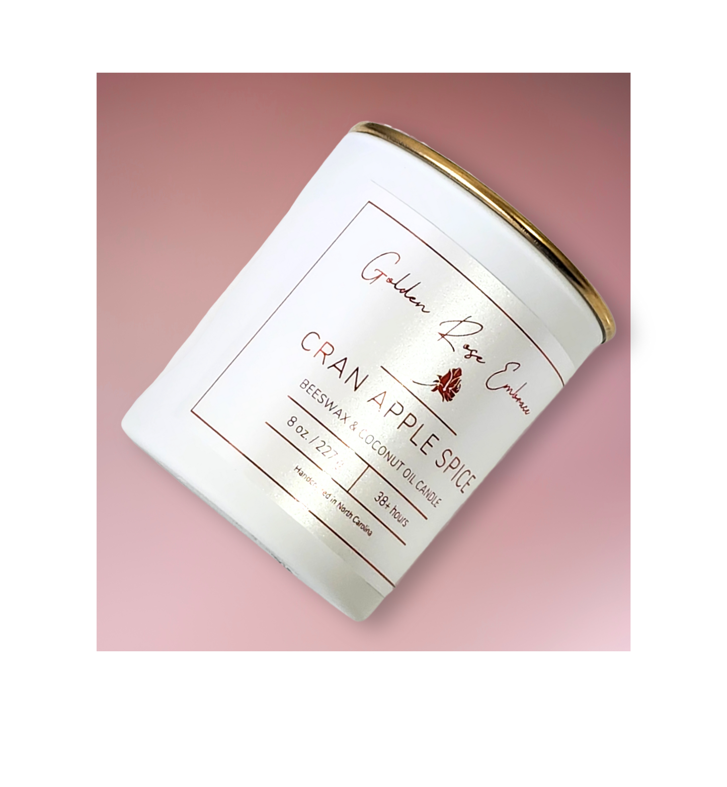 Orange Peel, Apple, Cranberry, Sugar, Cinnamon, Clove, Wood. white candle jar and gold lid