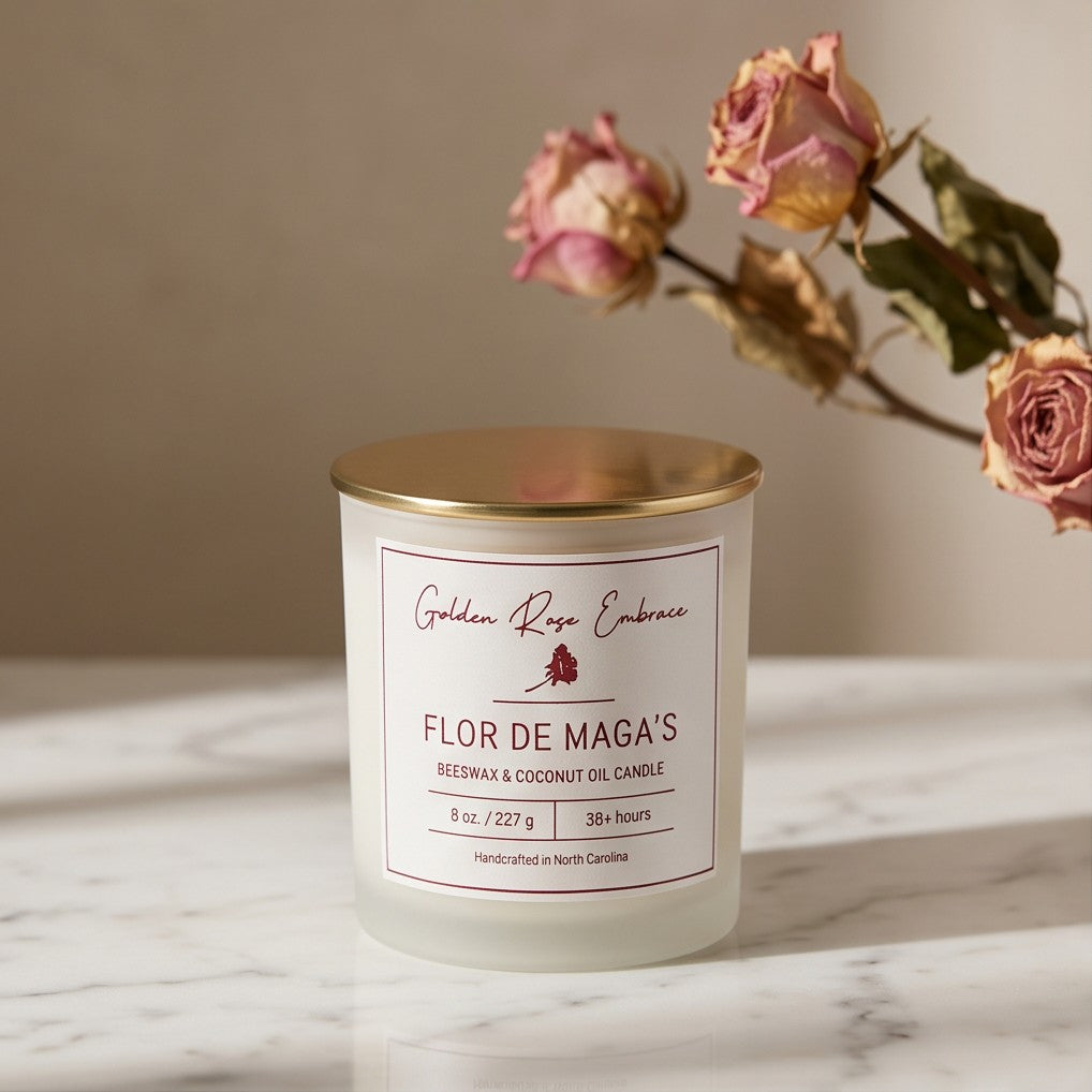 Flor de Maga's 8oz Beeswax Candle. 
Frosted glass jar, gold metallic lid, and woodwick. 
Notes of Apple, Pineapple, Peach, Red Fruits, Dewy Green, Ozone, Hibiscus, Jasmine, Cyclamen, Coconut, Caramelized Sugar, Musk. Experience the tropical island vibes of hibiscus, jasmine, apple, pineapple, sugar, and coconut complemented by a touch of musk. Custom beeswax candle blended with organic coconut oil and fragrances infused with clean nontoxic fragrance and natural essential oils.