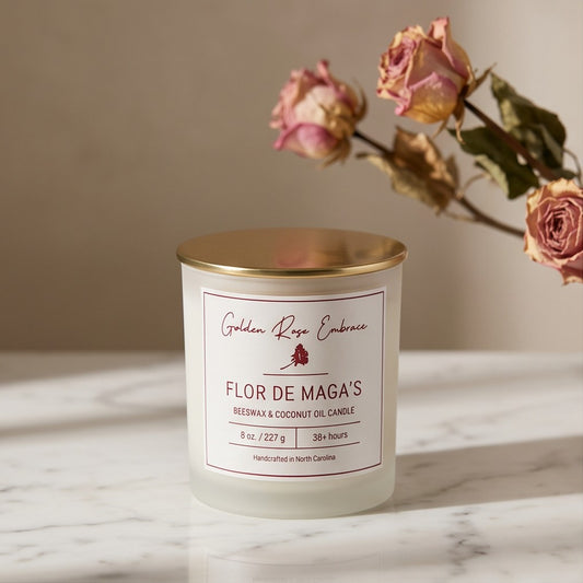 Flor de Maga's 8oz Beeswax Candle. 
Frosted glass jar, gold metallic lid, and woodwick. 
Notes of Apple, Pineapple, Peach, Red Fruits, Dewy Green, Ozone, Hibiscus, Jasmine, Cyclamen, Coconut, Caramelized Sugar, Musk. Experience the tropical island vibes of hibiscus, jasmine, apple, pineapple, sugar, and coconut complemented by a touch of musk. Custom beeswax candle blended with organic coconut oil and fragrances infused with clean nontoxic fragrance and natural essential oils.