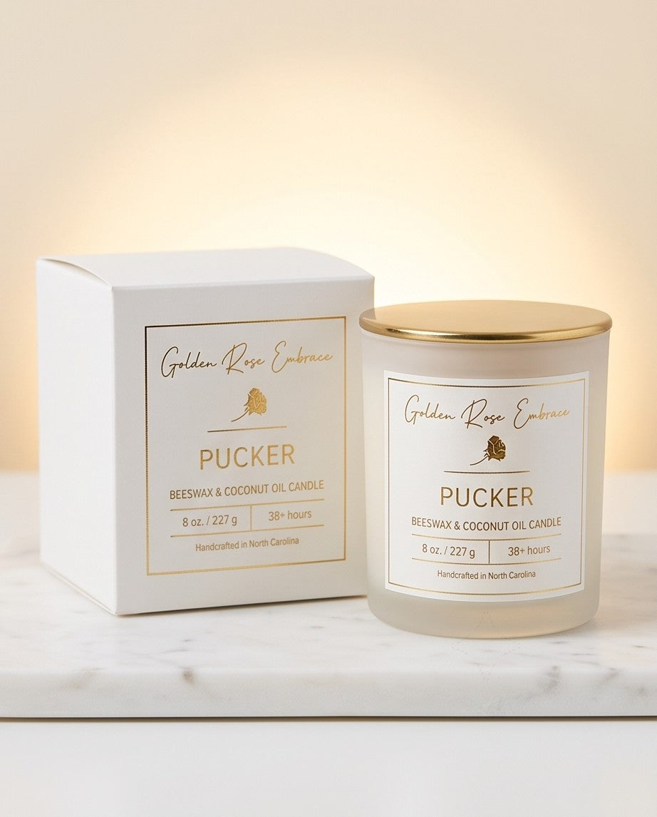 Pucker 8oz Beeswax Candle. 
Frosted glass jar, gold metallic lid, and woodwick. 
Notes of Watermelon, Lemon, Green Leaves, Strawberry, Pineapple, Gardenia, Sugar, Vanilla.

Infused with the rich aromas of juicy watermelon, mouth-puckering lemon, ripe strawberry, and sweet pineapple.

Custom beeswax candle blended with organic coconut oil and fragrances infused with clean nontoxic fragrance and natural essential oils. 
