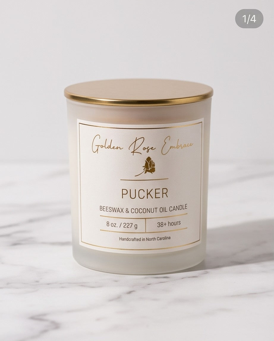 Pucker 8oz Beeswax Candle. 
Frosted glass jar, gold metallic lid, and woodwick. 
Notes of Watermelon, Lemon, Green Leaves, Strawberry, Pineapple, Gardenia, Sugar, Vanilla.

Infused with the rich aromas of juicy watermelon, mouth-puckering lemon, ripe strawberry, and sweet pineapple.

Custom beeswax candle blended with organic coconut oil and fragrances infused with clean nontoxic fragrance and natural essential oils. 