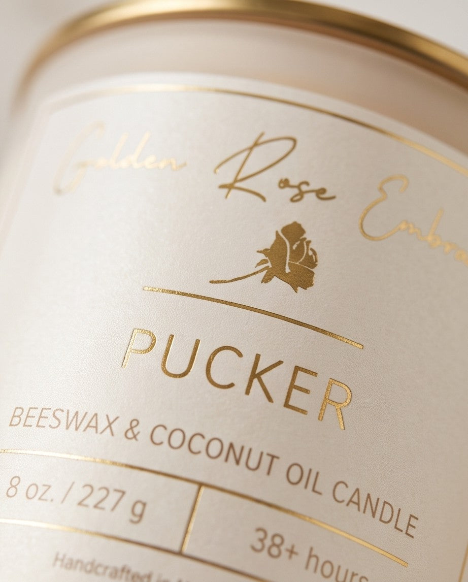 Pucker 8oz Beeswax Candle. 
Frosted glass jar, gold metallic lid, and woodwick. 
Notes of Watermelon, Lemon, Green Leaves, Strawberry, Pineapple, Gardenia, Sugar, Vanilla.

Infused with the rich aromas of juicy watermelon, mouth-puckering lemon, ripe strawberry, and sweet pineapple.

Custom beeswax candle blended with organic coconut oil and fragrances infused with clean nontoxic fragrance and natural essential oils. 