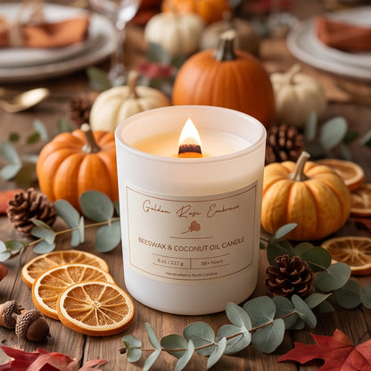 Pumpkin Spice Everything Nice non-toxic beeswax woodwick candle 8oz frosted glass gold lid coffee bean cinnamon — Golden Rose Embrace Charlotte NC