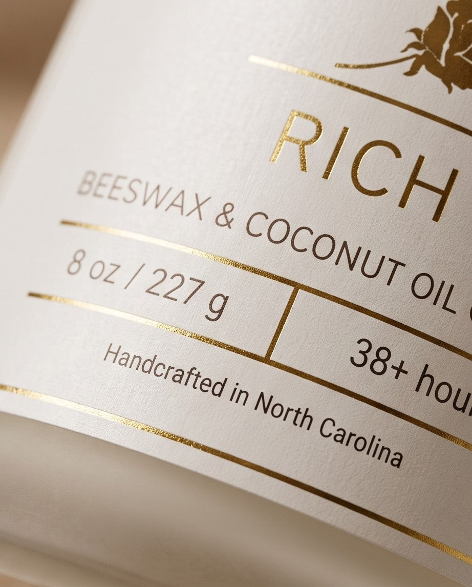 Rich 8oz Beeswax Candle.
Frosted glass, metallic gold lid, and woodwick.
Notes of Citrus, Cardamom, Palo Santo, Saffron, Violet, Wood, Sandalwood, Smoke, Amber.

A spicy warm woody scent infused with citrus, saffron, amber, violet & sandalwood. A luxurious rich fragrance that creates an inviting and sensual experience.

Custom beeswax candle blended with organic coconut oil and fragrances infused with clean nontoxic fragrance and natural essential oils. 